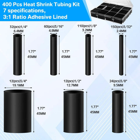400 pcs heat shrink tubing kit with 7 specifications for all in one wiring repair kit with 380 pcs non insulated butt connectors.