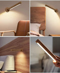 360 Degree Rotatable Wooden LED Wall Light With Magnetic Detachable Mount above bed, warm yellow glow