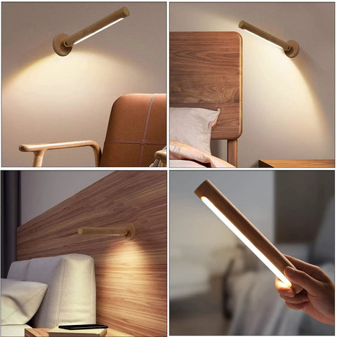 360 Degree Rotatable Wooden LED Wall Light With Magnetic Detachable Mount above bed, warm yellow glow