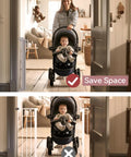 Woman with baby stroller using Retractable Baby Gate For Stairs And Doorways, 33 Inch Tall, Expands To 55 Inch Wide, Double Locking Safety