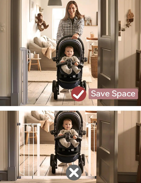 Woman with baby stroller using Retractable Baby Gate For Stairs And Doorways, 33 Inch Tall, Expands To 55 Inch Wide, Double Locking Safety