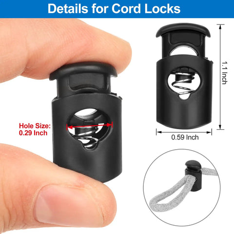 Close-up of black plastic cord lock from 16 Piece Drawstring Threader Kit For Hoodies Jackets Coats Pants And Shorts With Elastic Threaders