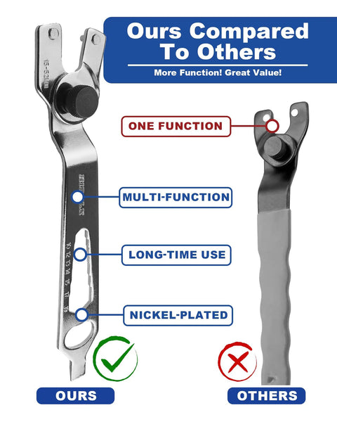 Comparison of two tools, our 4 In 1 Adjustable Wrench And Bottle Opener Tool For Grinders, Multi Function Pin Spanner, nickel-plated