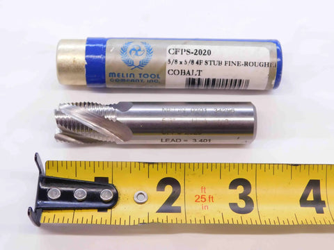 Five Eighths Outer Diameter One Inch Length Of Cut Fine Roughing Cobalt End Mill Four Flute CNC Milling Tool For Tough Metal And Wood Jobs CFPS2020 NS2428CG5, shown with tape measure