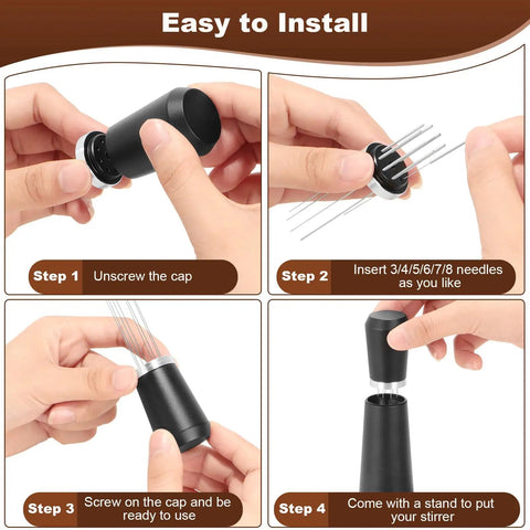 Instructions for installing Espresso Distribution Tool WDT With 8 Pin 0.35mm Stainless Steel Needles shown in four steps.