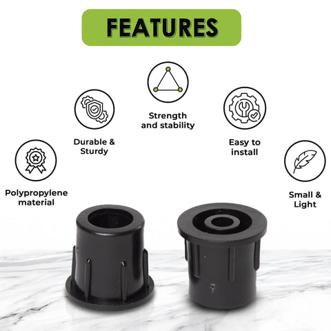 Baluster Connectors For 3/4 Inch Metal Balusters Black Polypropylene For Stairs And Decks Straight Railing Sections No Screws Included 500 Count Built To Last Durable UV Protected Plastic shown with feature icons.