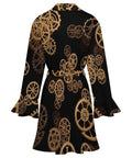Cozy Women Long Sleeve Retro Industrial Gear Kimono Robe With Super Soft Polyester And Spandex Blend For Ultimate Loungewear Relaxation After Bath Or Sleep in black with gold gear pattern.