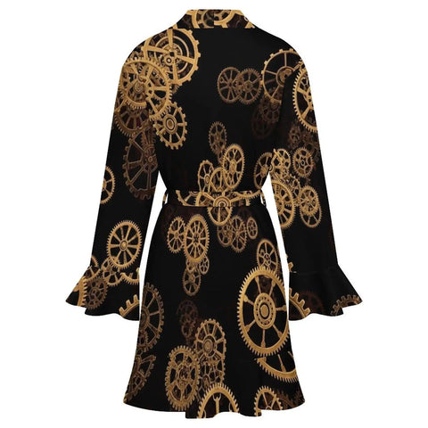 Cozy Women Long Sleeve Retro Industrial Gear Kimono Robe With Super Soft Polyester And Spandex Blend For Ultimate Loungewear Relaxation After Bath Or Sleep in black with gold gear pattern.