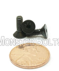 Tough As Nails Number Six By Thirty Two Thread Flat Head Socket Cap Screw Seven Sixteenths Inch Alloy Steel with penny for size comparison.