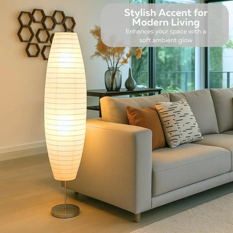 Set Of 2 59 Inch Tall Rice Paper Floor Lamps With On Off Footswitch by a modern sofa, boho decor in living room