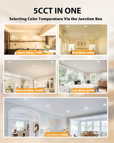 Adetu 4 inch Square Led Recessed Lighting, Ultra Thin Ceiling Light, 4 Pack showcasing different color temperatures in warm, mild, neutral, soft, and cool white.