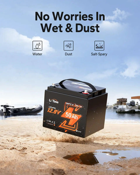 12V 50Ah LiFePO4 Trolling Motor Battery With Bluetooth on beach, low temp protection, marine power for boats