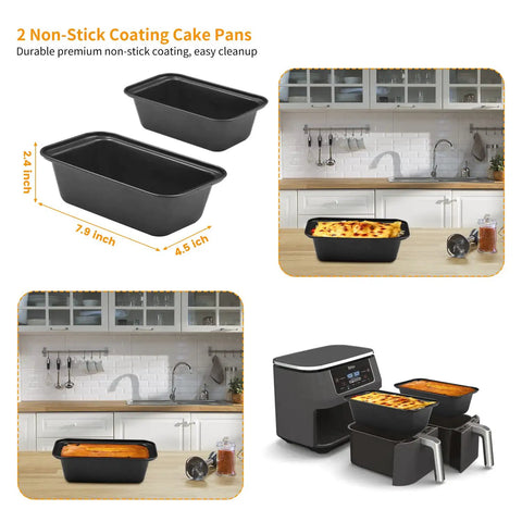 Dual Zone Air Fryer Accessories Must Have Set With 15 Pieces And 100 Liners, showing two nonstick cake pans in kitchen setting
