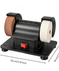 Compact Dual Disc Mini Bench Grinder With Pure Copper Motor Scrapes Rust And Hones Edges Flawlessly Sweet For Shop Rats And Home Diy Crews Demanding Heavy Duty Grind Performance, showing dimensions and features.