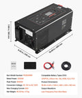 Hardcore Workhorse 3000W Pure Sine Wave Inverter Charger with LCD screen, remote, and specifications, 19.49x9.45x7.48 inches.