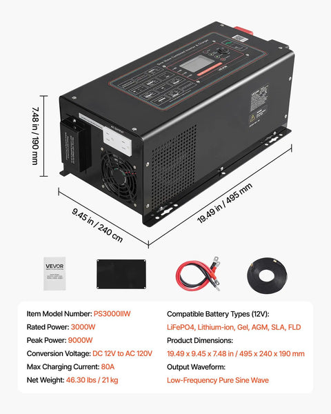 Hardcore Workhorse 3000W Pure Sine Wave Inverter Charger with LCD screen, remote, and specifications, 19.49x9.45x7.48 inches.