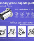 2-pack stainless steel tri-clamp to 1-inch barb fittings, front view, with 2 silicone gaskets and hose clamps