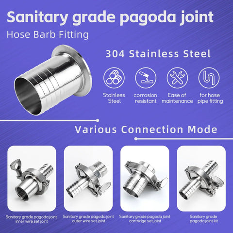 2-pack stainless steel tri-clamp to 1-inch barb fittings, front view, with 2 silicone gaskets and hose clamps
