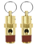 Brass pressure-relief valves with ring pull, red threaded ends, 2-pack