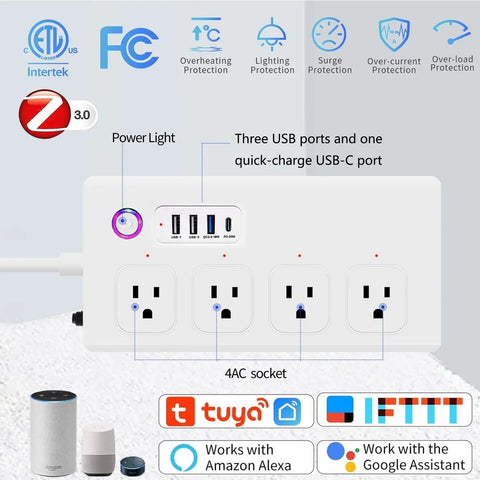 Kick Outlet Chaos With This Slick Smart Surge Protector Featuring Four Independently Controlled Ac Outlets Plus Four Fast Usb Ports And Matter Sync For Seamless Alexa And Google Control Over A Tough Five Foot Extension Cable For Daily Gear, showcasing USB ports and protection features.