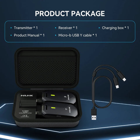 5.8 GHz Wireless Guitar System For Active And Passive Guitars With Charging Case Included No Dropouts Low Interference UHF Transmitter Receiver Auto Match And Pristine 24 Bit Digital Audio display with charging case.