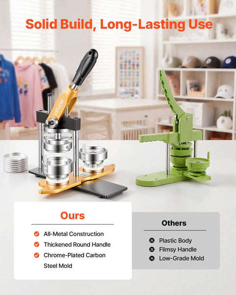 Heavy Hitter 2.25 Button Maker Machine With Solid Steel Mold And Comfort Grip, side view comparison with another press.