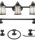 All In One Bathroom Set With Oil Rubbed Bronze 3 Light Vanity Fixture, Towel Bar And Ring, Robe Hook, Toilet Paper Holder, Seeded Glass Shades