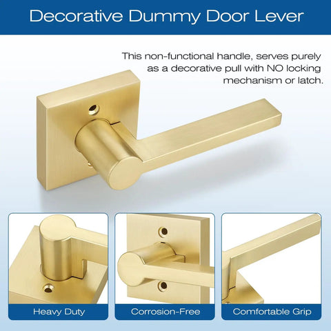4 Pack Satin Brass Dummy Door Handle Set For Single Sided Doors, Non Turnable Pull Or Push Levers With Gold Interior Finish, Heavy Duty Interior Door Hardware For French, Closet And Pantry Doors. satin brass lever
