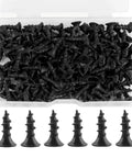 Number 8 x 5/8 Inch Flat Head Wood Screws With Black Oxide Finish And Self Tapping Design in transparent box with multiple screws.