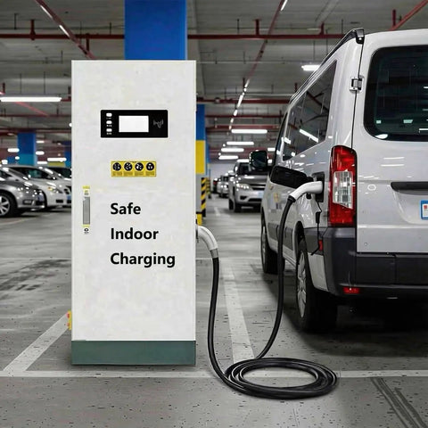Outdoor Industrial-Grade 80kW DC Fast Charger With CCS1 next to van in parking lot, floor-standing unit with cable attached