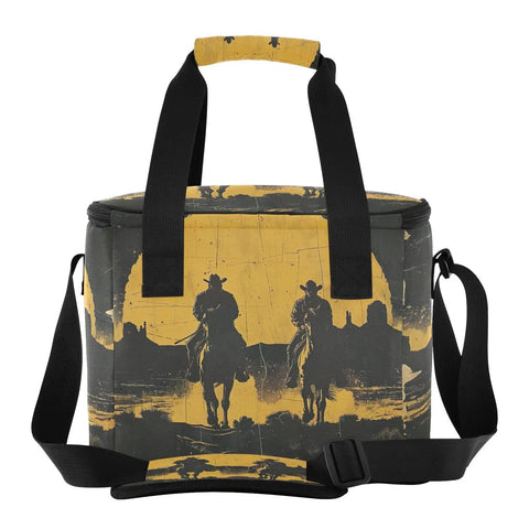 Insulated Leakproof Lunch Bag For Outdoors Large Cooler Tote with cowboy print, black straps, and adjustable shoulder strap.