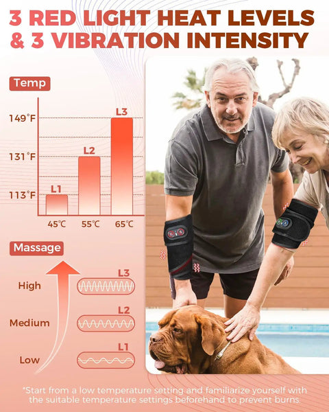 Couple using Red Light Therapy Belt For Neck And Shoulders That Also Treats The Rest Of Your Body All Day Cordless Infrared Heating Pad With Vibration Portable Massager in garden, dog nearby.