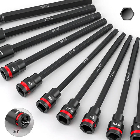 Heavy Duty 3/8 Drive Long Impact Hex Bit Socket Set With 20 Piece SAE Metric Sizes In Premium S2 Steel Extended Bits For Tough Jobs And Heavy Machinery That Will Rock Your World. 3/8" S2 hex bit sockets, H4.5-H12