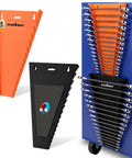 Two Piece Magnetic Wrench Organizer With 32 Slots For Toolboxes, Drawers And Garage, Keeps SAE Quarter Inch To One And One Sixteenth Inch And Metric Six To Twenty Four Millimeter Wrenches Neatly Stored, Black And Orange, 11 Pound Capacity in use.