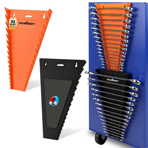 Two Piece Magnetic Wrench Organizer With 32 Slots For Toolboxes, Drawers And Garage, Keeps SAE Quarter Inch To One And One Sixteenth Inch And Metric Six To Twenty Four Millimeter Wrenches Neatly Stored, Black And Orange, 11 Pound Capacity in use.