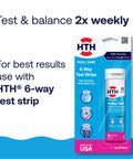 HTH 6-Way Test Strips packaging with instructions to test and balance water 2x weekly for best results