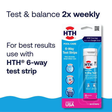 HTH 6-Way Test Strips packaging with instructions to test and balance water 2x weekly for best results