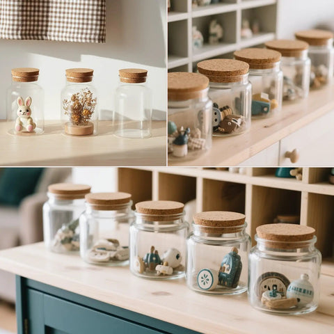 Two Pack Cork Bottle Stoppers Set For Jars And Glass Bottles, displayed on glass jars with crafts