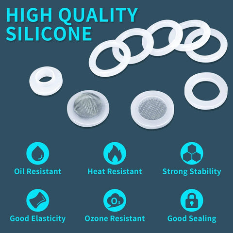 Front view of KEZE white silicone O-ring and washer assortment with two mesh screens for plumbing seals