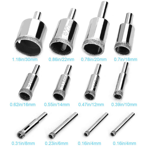 12 Piece Diamond Hole Saw Drill Bit Set For Ceramic Glass Tile Marble Granite Includes 4Mm To 30Mm Sizes with labeled bits