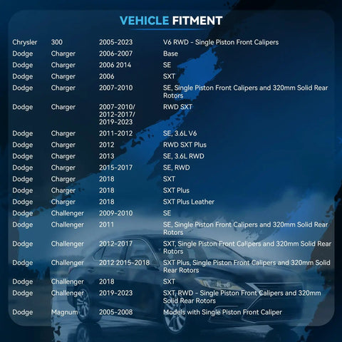 Vehicle fitment chart for Bolt On Front Brake Kit With 12.6 Inch Rotors And Ceramic Pads For Chrysler 300, Dodge Charger