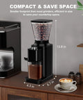 binROC Electric Conical Burr Coffee Grinder With Portafilter Holder In Sleek Black, compact design with coffee beans in hopper.