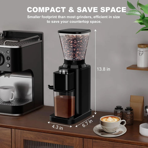 binROC Electric Conical Burr Coffee Grinder With Portafilter Holder In Sleek Black, compact design with coffee beans in hopper.