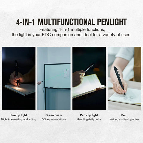 4 In 1 Pen Light And Writing Tool, 120 Lumen USB C Rechargeable EDC Pen with green beam for presentations, office use, inspections