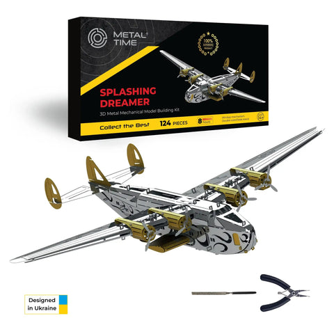 Splashing Dreamer 3D Metal Airplane Model Kit With Wind-Up Moving Mechanism, Stainless Steel DIY Construction Set Box, 124 Pieces, Tools Included