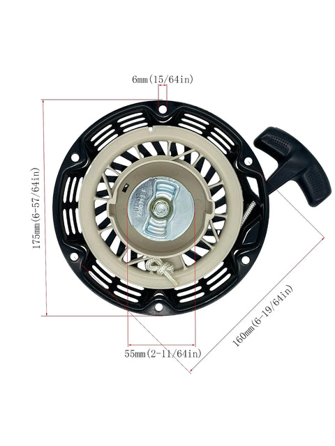Recoil Pull Start Assembly With 47mm Pulley Cup 6 Bolt Mount Built For Honda GX160 GX200 Clones And 196cc 208cc 212cc Small Engines Fits Coleman Ct200u Bt200x Baja Massimo Mb200 Go Karts And Mini Bikes with measurements