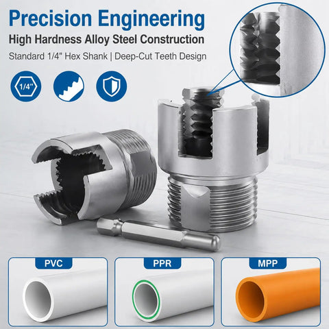3 Piece PVC Pipe Threader Tool Kit For 1 2 3 4 And 1 Inch Plastic Pipes Heavy Duty Alloy Construction showing deep-cut teeth design parts.