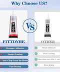 Comparison of FITTDYHE B7000 glue versus other brand adhesive, highlighting stronger, longer-lasting, anti-clog, fast-drying benefits.