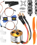 Kickass Rc Aircraft Motor And 30a Esc Set With 2212 Kv2200 Brushless Motor, 2 orange propellers, 2 servos, and accessories.