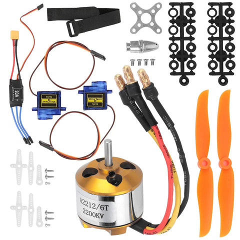 Kickass Rc Aircraft Motor And 30a Esc Set With 2212 Kv2200 Brushless Motor, 2 orange propellers, 2 servos, and accessories.